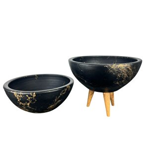 Ev Dekorasyon Siyah Üzeri Gold Mermer Efektli Aranjman Sunumluk Toprak Saksı Ayaksız Ve 3 Ayaklı İkili Set 20 Cm
