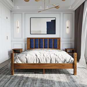 Orion Model Lacivert Renk Puflu Başlıklı Ceviz Renk Çam Ahşap Karyola Ve İki Komodin Set 150x200 cm