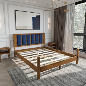 Orion Model Lacivert Renk Puflu Başlıklı Ceviz Renk Çam Ahşap Karyola Ve İki Komodin Set 150x200 cm