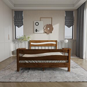 Okyanus Model Beyaz Detaylı Ceviz Renk Çam Ahşap Karyola Ve İki Komodin Set