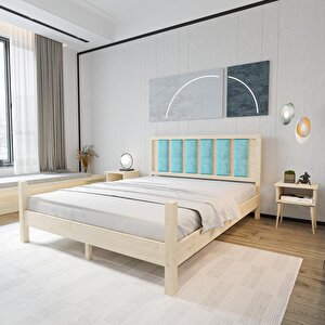 Orion Model Cam Göbeği Puflu Başlıklı Doğal Çam Ahşap Karyola Ve İki Komodin Set 160x200 cm