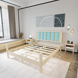 Orion Model Cam Göbeği Puflu Başlıklı Doğal Çam Ahşap Karyola Ve İki Komodin Set 160x200 cm