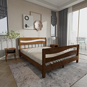 Okyanus Model Beyaz Detaylı Ceviz Renk Çam Ahşap Karyola Ve İki Komodin Set 160x200 cm