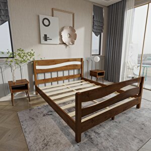 Okyanus Model Beyaz Detaylı Ceviz Renk Çam Ahşap Karyola Ve İki Komodin Set 160x200 cm