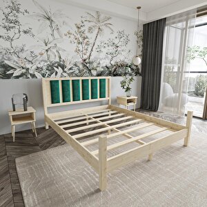 Orion Model Zümrüt Yeşili Puflu Başlıklı Doğal Çam Ahşap Karyola Ve İki Komodin Set 120x200 cm