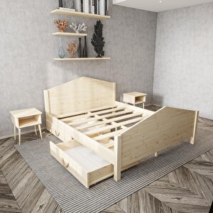 Milano Model İki Çekmeceli Vernikli Çam Ahşap Karyola Ve İki Komodin Set 140x200 cm