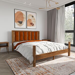 Orion Model Kiremit Renk Puflu Başlıklı Ceviz Renk Çam Ahşap Karyola Ve İki Komodin Set 140x200 cm