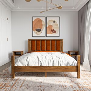 Orion Model Kiremit Renk Puflu Başlıklı Ceviz Renk Çam Ahşap Karyola Ve İki Komodin Set 90x190 cm
