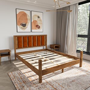 Orion Model Kiremit Renk Puflu Başlıklı Ceviz Renk Çam Ahşap Karyola Ve İki Komodin Set 90x190 cm