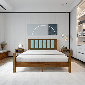 Orion Model Cam Göbeği Puflu Başlıklı Ceviz Renk Çam Ahşap Karyola Ve İki Komodin Set 150x200 cm