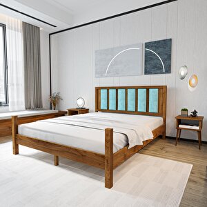 Orion Model Cam Göbeği Puflu Başlıklı Ceviz Renk Çam Ahşap Karyola Ve İki Komodin Set 150x200 cm