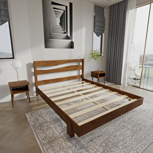 Okyanus New Model  Ceviz Renk Çam Ahşap Karyola Ve İki Komodin Set 200x200 cm