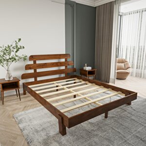 Lotus X New Model Ceviz Renk Ahşap Karyola Ve İki Komodin Set 150x200 cm
