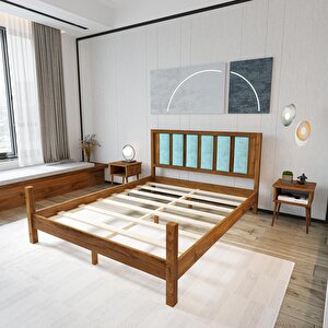 Orion Model Cam Göbeği Puflu Başlıklı Ceviz Renk Çam Ahşap Karyola Ve İki Komodin Set 140x200 cm