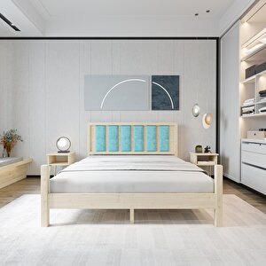 Orion Model Cam Göbeği Puflu Başlıklı Vernikli Çam Ahşap Karyola Ve İki Komodin Set 180x200 cm