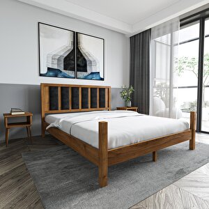 Orion Model Siyah Renk Puflu Başlıklı Ceviz Renk Çam Ahşap Karyola Ve İki Komodin Set 140x200 cm