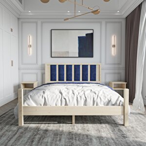 Orion Model Lacivert Renk Puflu Başlıklı Doğal Çam Ahşap Karyola Ve İki Komodin Set 140x200 cm