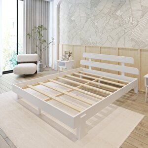 Lotus New Model Beyaz Renk Ahşap Karyola Ve İki Komodin Set 150x200 cm