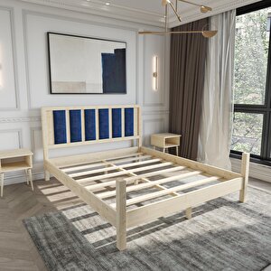 Orion Model Lacivert Renk Puflu Başlıklı Doğal Çam Ahşap Karyola Ve İki Komodin Set 160x200 cm