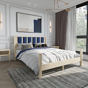 Orion Model Lacivert Renk Puflu Başlıklı Doğal Çam Ahşap Karyola Ve İki Komodin Set 140x190 cm