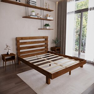 Urban New Model Ceviz Renk Çam Ahşap Karyola Ve İki Komodin Set 200x200 cm