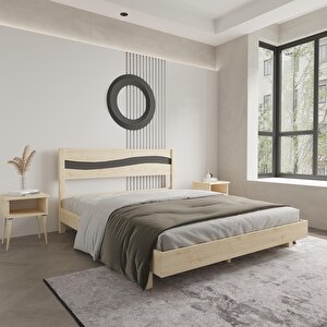 Okyanus New Model Antrasit Detaylı Doğal Çam Ahşap Karyola Ve İki Komodin Set 200x200 cm