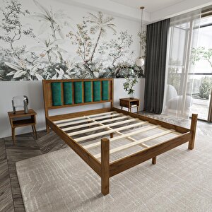 Orion Model Zümrüt Yeşili Puflu Başlıklı Ceviz Renk Çam Ahşap Karyola Ve İki Komodin Set 180x200 cm