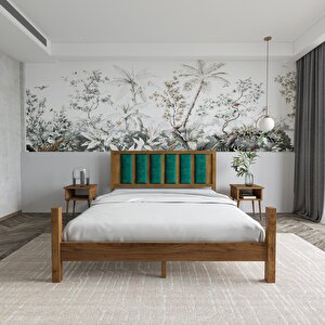 Orion Model Zümrüt Yeşili Puflu Başlıklı Ceviz Renk Çam Ahşap Karyola Ve İki Komodin Set 120x200 cm
