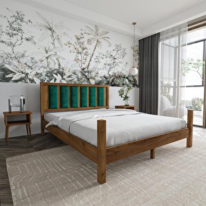 Orion Model Zümrüt Yeşili Puflu Başlıklı Ceviz Renk Çam Ahşap Karyola Ve İki Komodin Set 120x200 cm