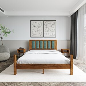 Orion Model Çağla Yeşili Puflu Başlıklı Ceviz Renk Çam Ahşap Karyola Ve İki Komodin Set 120x200 cm