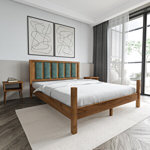 Orion Model Çağla Yeşili Puflu Başlıklı Ceviz Renk Çam Ahşap Karyola Ve İki Komodin Set 120x200 cm