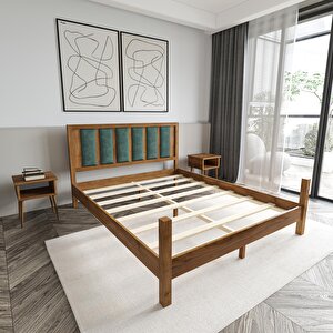 Orion Model Çağla Yeşili Puflu Başlıklı Ceviz Renk Çam Ahşap Karyola Ve İki Komodin Set 120x200 cm