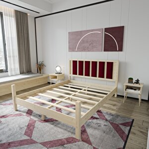 Orion Model Bordo Renk Puflu Başlıklı Vernikli Çam Ahşap Karyola Ve İki Komodin Set 120x200 cm