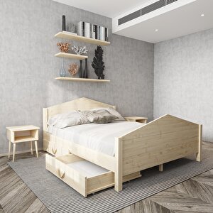 Milano Model İki Çekmeceli Doğal Çam Ahşap Karyola Ve İki Komodin Set 90x200 cm