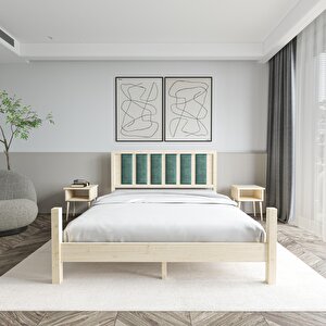 Orion Model Çağla Yeşili Puflu Başlıklı Vernikli Çam Ahşap Karyola Ve İki Komodin Set 100x200 cm