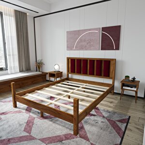 Orion Model Bordo Renk Puflu Başlıklı Ceviz Renk Çam Ahşap Karyola Ve İki Komodin Set 200x200 cm