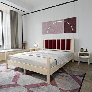 Orion Model Bordo Renk Puflu Başlıklı Doğal Çam Ahşap Karyola Ve İki Komodin Set 120x200 cm