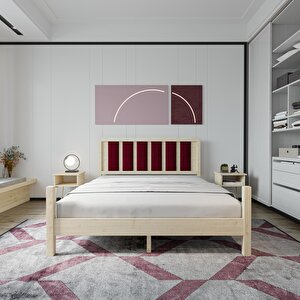 Orion Model Bordo Renk Puflu Başlıklı Doğal Çam Ahşap Karyola Ve İki Komodin Set 200x200 cm