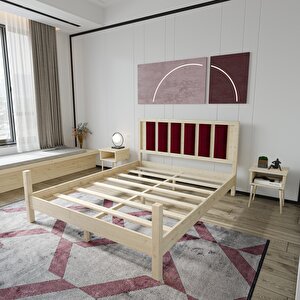 Orion Model Bordo Renk Puflu Başlıklı Doğal Çam Ahşap Karyola Ve İki Komodin Set 150x200 cm