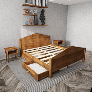Milano Model İki Çekmeceli Ceviz Renk Çam Ahşap Karyola Ve İki Komodin Set 140x200 cm