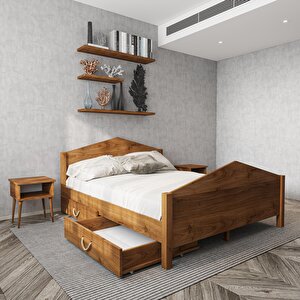 Milano Model İki Çekmeceli Ceviz Renk Çam Ahşap Karyola Ve İki Komodin Set 120x200 cm