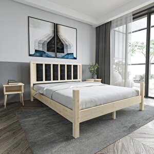 Orion Model Siyah Renk Puflu Başlıklı Doğal Çam Ahşap Karyola Ve İki Komodin Set 150x200 cm