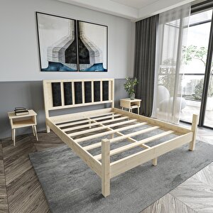 Orion Model Siyah Renk Puflu Başlıklı Doğal Çam Ahşap Karyola Ve İki Komodin Set 150x200 cm
