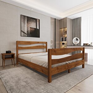 Okyanus Model Ceviz Renk Çam Ahşap Karyola Ve İki Komodin Set