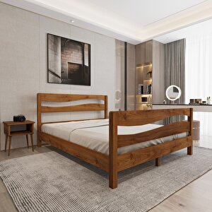 Okyanus Model Ceviz Renk Çam Ahşap Karyola Ve İki Komodin Set 180x200 cm