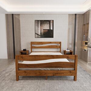 Okyanus Model Ceviz Renk Çam Ahşap Karyola Ve İki Komodin Set 180x200 cm