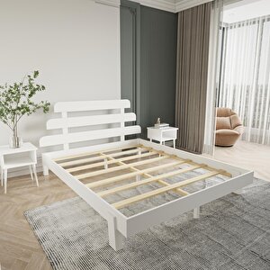 Lotus X New Model Beyaz Renk Ahşap Karyola Ve İki Komodin Set 200x200 cm