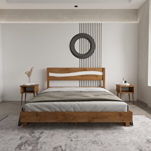 Okyanus New Model Beyaz Detaylı Ceviz Renk Çam Ahşap Karyola Ve İki Komodin Set 150x200 cm