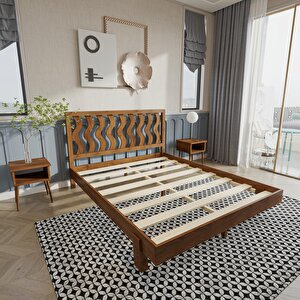 Siena New Model Ceviz Renk Çam Ahşap Karyola Ve İki Komodin Set 90x190 cm