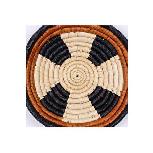 %100 El Yapımı Etnik Tabak, Bohem Duvar Süsü, Hasır Duvar Dekoru Turuncu Siyah Krem 30x7cm 30 cm